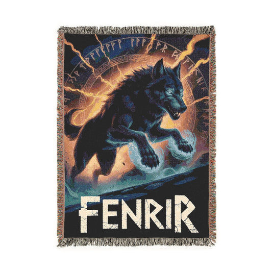 Woven blanket with a depiction of Fenrir the wolf and the word 'Fenrir' on a white background.
