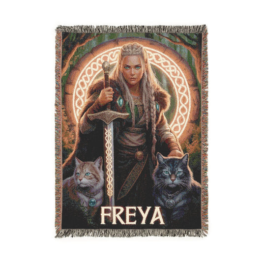 Woven blanket featuring a depiction of Freya with two cats and the word 'Freya' on a white background.