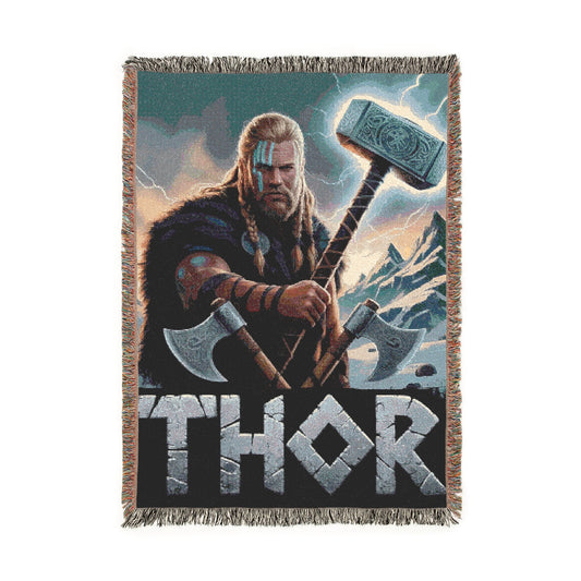 Thor-themed woven blanket with character holding weapons and 'Thor' text.